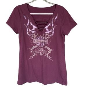 Harley Davidson Womens Biker Shirt Small Lace Up Motorcycle Purple Floral Wings